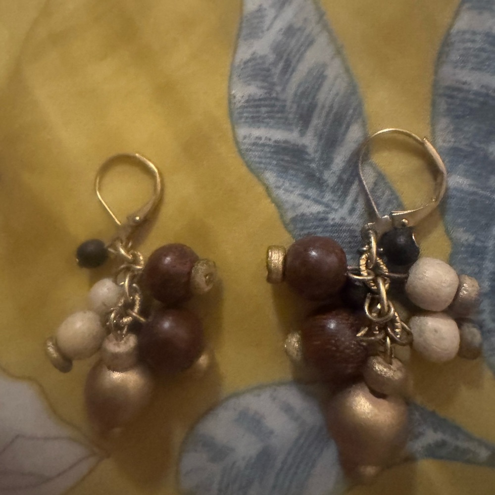 Vintage Dangle Cluster Earrings in Gold, Brown and Cream